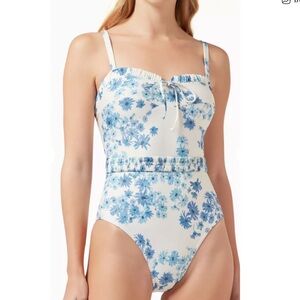 PEONY Vacation Belted Blue Floral Coquette Recycled Swimsuit Size 12